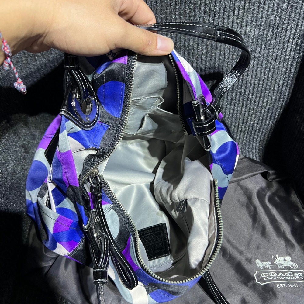 Coach Alex OP Tote Purple Blue C Logo Nylon Patent Trim 14398 Bag Multiprint - Picture 10 of 15